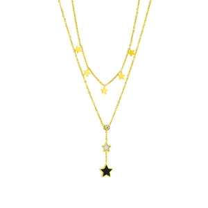 Double-layered gold necklace with black and white star pendants and a clear crystal gem
