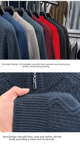 Detailed knit texture and elastic ribbed hem on a classic men's quarter-zip cable sweater