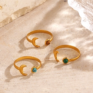 Adjustable stainless steel moon rings set with tiger eye and malachite stones