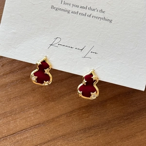 Vintage Red Flocking Gourd Stud Earrings With Gold Star Zircon And 925 Sterling Silver Earring Post Elegant For Women
