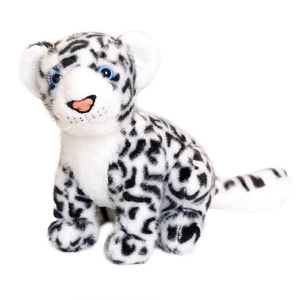 Realistic sitting snow leopard plush toy with white fur, black spots and blue eyes