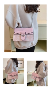 Lifestyle shots of a stylish pink chain crossbody bag with intricate floral details.