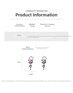 Macro detail of purple zircon earrings showing dimensions of 5cm length and 1.9cm width