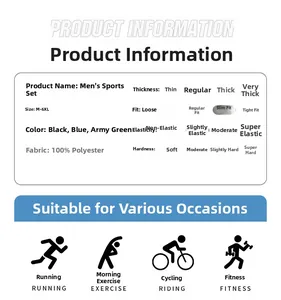 Detailed size chart and specifications for men's 100% polyester sports suit set