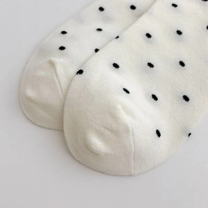 Gros plan de chaussettes blanches en coton avec pois noirs et détails de tricotage
