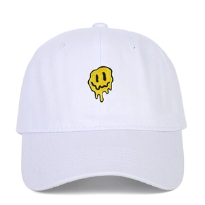 White cotton baseball cap with yellow melting smiley face embroidery for casual wear