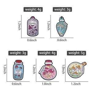 Detailed dimensions and weight chart for five colorful mushroom enamel pins set