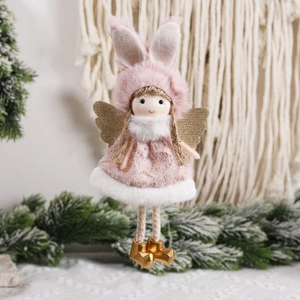 Pink plush angel bunny Christmas tree hanging decoration with glitter lace skirt