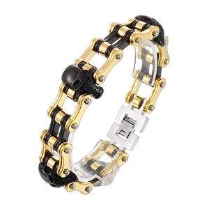 Men's hip hop 16mm stainless steel bike chain bracelet with skull charm in gold and black