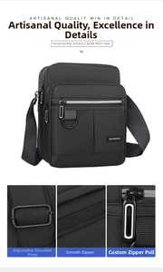 Detail view of adjustable strap and smooth zipper pulls on black nylon shoulder bag