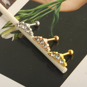 Three-color curved zircon cartilage earrings in silver, gold, and rose gold finish