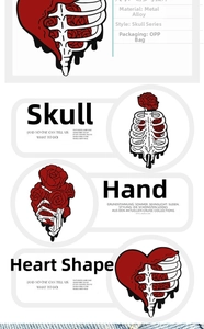 Detail view of gothic skull and red rose alloy badges featuring skeleton hands and hearts