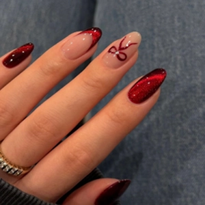Cat Eye Press On Nails Wine Red Almond Shape French Style Bow Rhinestones Glossy ABS Resin Elegant Fake Nails