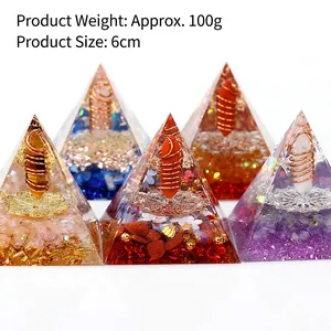 Five 6cm Orgonite energy pyramids with natural crystals and copper coils for home decor