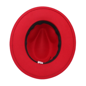 Top view of red wool felt fedora hat showing inner sweatband and 100% polyester label