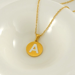 18K gold plated stainless steel necklace with letter A round pendant and O-chain