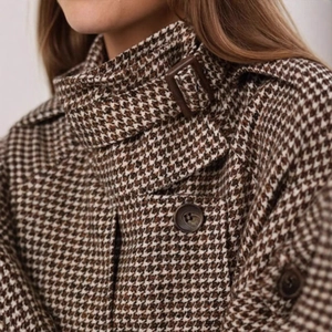 Women's vintage plaid wool coat with high neck windproof design and houndstooth pattern