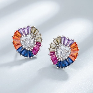 925 Sterling silver rainbow halo stud earrings with multi-colored baguette crystals
