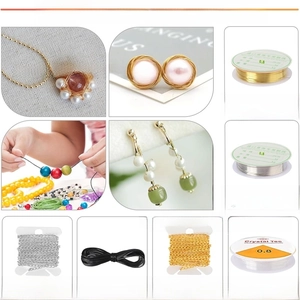 DIY jewelry kit with gold and silver copper wires, elastic cords, and necklace chains