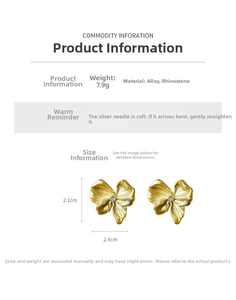 Detail specifications of golden bow earrings with size info and silver needle parameters