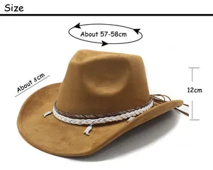Size chart showing 57-58cm circumference and 8cm brim for the suede cowboy hat