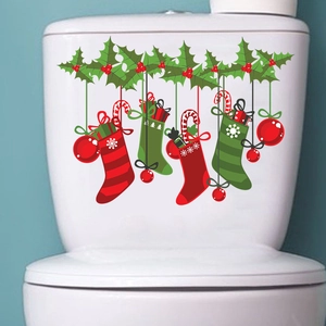Christmas wall and toilet stickers with red stockings and candy cane patterns for home decor