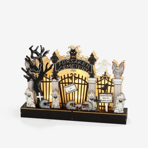 Luminous wooden Halloween Forsaken Cemetery decor with ghosts, skeletons and warm lights