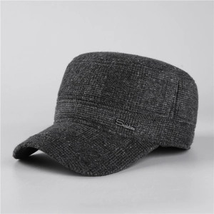 Men's dark grey flat top cadet cap in thick wool blend fabric with metal logo detail