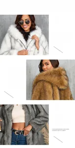 Vue détaillée de la texture en fausse fourrure et du col à capuche de ce manteau