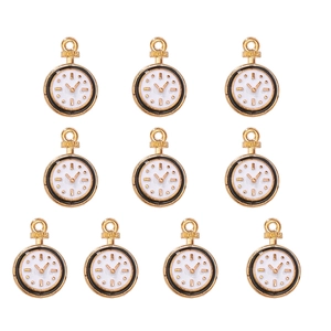 Macro shot of ten gold pocket watch charms with white dials for DIY jewelry making