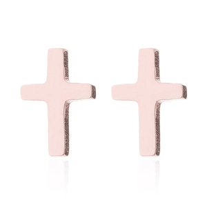Minimalist rose gold stainless steel cross stud earrings on a clean white background