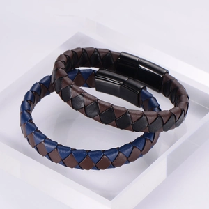 Men's braided leather bracelets with black stainless steel magnetic clasp in blue and brown