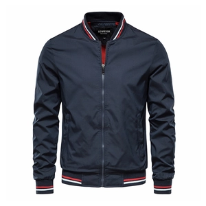 Navy blue men's baseball collar jacket casual style displayed on a clean white background