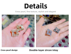 Detail of square geometric stud earrings with pearl and double-row zircon inlay