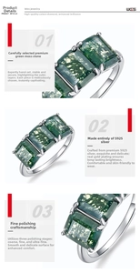 Detailed view of three rectangular green moss agate stones set in S925 silver ring band