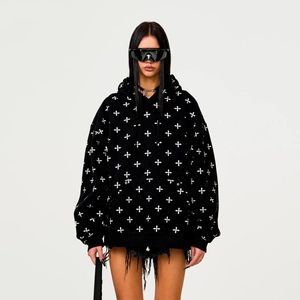 Sweat À Capuche Oversize En Coton Pour Femmes Noir Imprimé Fleur De Croix Streetwear Manches Longues