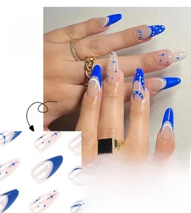 Detailed close-up of blue French star pattern almond press-on nails style JP1774