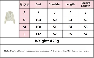 Size chart for polka dot print jacket showing bust, shoulder, and length measurements