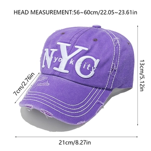 Detailed size chart of purple distressed baseball cap with NYC embroidery dimensions