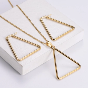 Minimalist gold triangle jewelry set with hollow geometric pendant and earrings