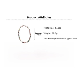 Detail of colorful bohemian beaded necklace showing glass material, 82.5g weight and 132cm length