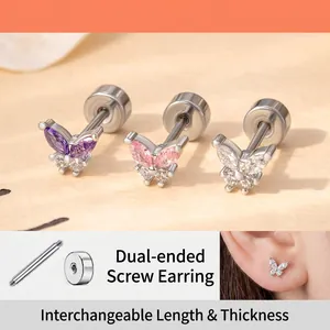 Butterfly Stud Earrings Titanium Steel Cubic Zirconia Double Headed Screw Back Piercing Jewelry For Women Girls Cute