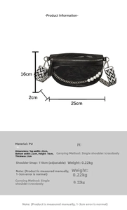 Detail view of the PU leather crossbody bag showing dimensions 25x16x2cm and 110cm strap