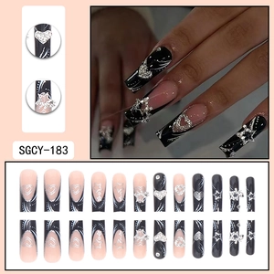 French black press-on nails with silver heart stars and 3D zircon embellishments