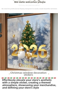 Detailed view of 3D Christmas window sticker with golden snowman and festive tree