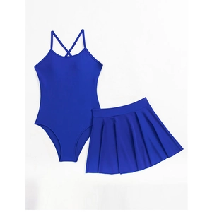 Detail of royal blue two-piece swimsuit set with criss-cross back and pleated skirt