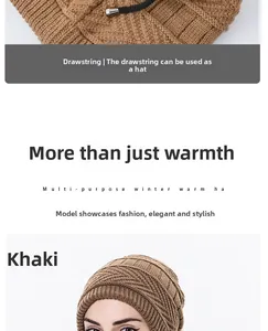 Detail der khakifarbenen 2-in-1 Strickmütze und Halswärmer mit verstellbarem Kordelzug