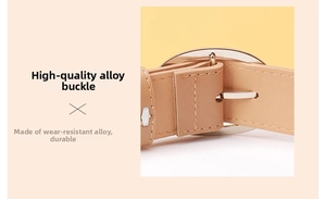 Close-up of premium alloy pin buckle and stitching on a beige leather belt for women