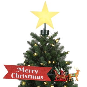 Illuminated rotating Christmas tree topper with Santa sled and Merry Christmas banner