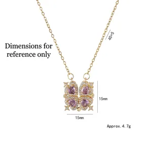 Golden folding four-leaf clover necklace with purple heart-shaped stones and tiny diamonds